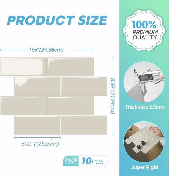 STICKGOO 10-Sheet Subway Peel and Stick Backsplash Tiles Putty Beige | Waterproof 3D PVC wall tiles with strong adhesive, extra thick for kitchen backsplash and bathroom walls