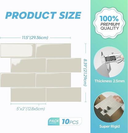 STICKGOO 10-Sheet Subway Peel and Stick Backsplash Tiles Putty Beige | Waterproof 3D PVC wall tiles with strong adhesive, extra thick for kitchen backsplash and bathroom walls