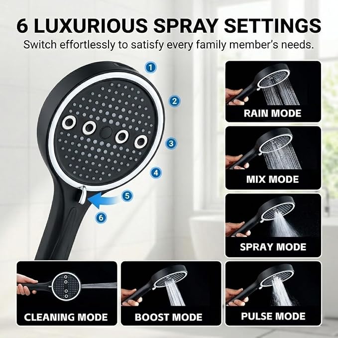 Handheld Shower Head with Hose, 6 Spray Settings, High Pressure, Chrome Finish, Rain, Pulse, Boost, Spray, Mix, Cleaning Modes (Black)