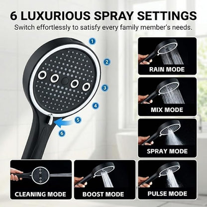 Handheld Shower Head with Hose, 6 Spray Settings, High Pressure, Chrome Finish, Rain, Pulse, Boost, Spray, Mix, Cleaning Modes (Black)