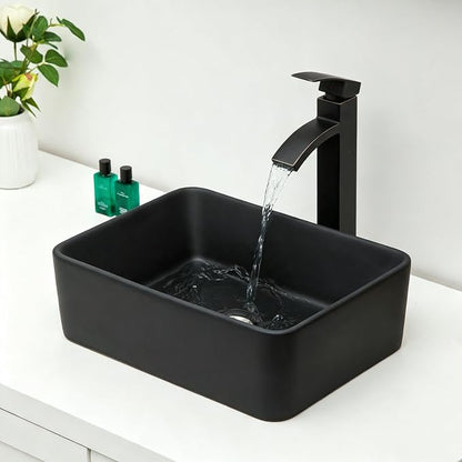 16"x12" Vessel Sink Rectangle - Modern Above Matte Black Porcelain Ceramic Bathroom Vessel Vanity Sink Bowl Art Basin