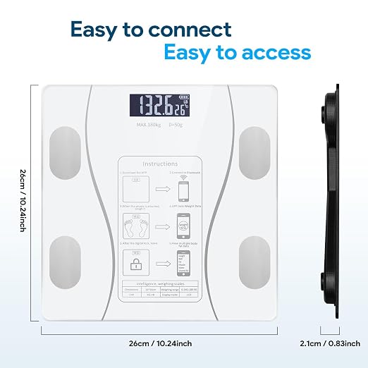 Smart Body Fat Scale with Led Display - Digital Bathroom Scale with Bluetooth, Accurate Body Composition Measurement, Muscle Mass, BMI, and Body Water Analysis (White)