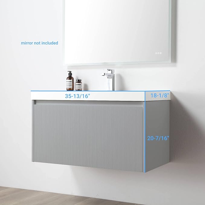 Blossom 36 Inch Bathroom Vanity with Sink | All Wood Wall Mounted Floating Bathroom Vanity Cabinet with Acrylic Sink | Soft-Close Drawer | Modern Minimalist Style Vanities (36 Inch, Light Grey)