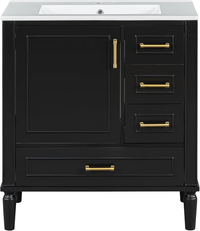 30" Bathroom Vanity with Sink,Free Standing Single Basin Vanity Set w/ 3 Drawers & Soft Closing Door,Solid Wood Frame,Metal Handles,Modern Storage Cabinet for Small Space,Black