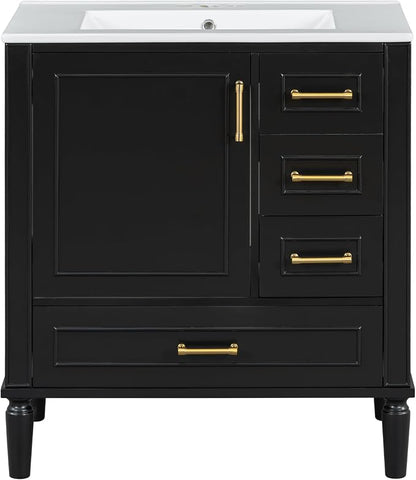 30" Bathroom Vanity with Sink,Free Standing Single Basin Vanity Set w/ 3 Drawers & Soft Closing Door,Solid Wood Frame,Metal Handles,Modern Storage Cabinet for Small Space,Black