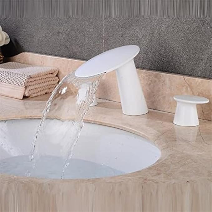 Basin Faucet Brushed Gold Bathroom Sink 3 Hole Widespread Rose Mixer Hot and Cold Waterfall Tap New-Gold(White)