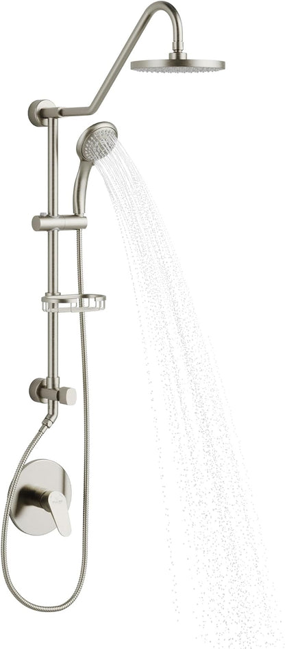 PULSE ShowerSpas Kauai III Brushed Nickel Rain Shower Head with Handheld Spray - 2.5 GPM, 8" Showerhead, 5-Function HandShower, Adjustable Slide Bar - Shower Heads with Handheld Spray Combo