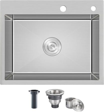 25x18 Inch Kitchen Sink Drop in, 9" Deep Single Bowl, Brushed | Premium T-304 Grade Stainless Steel Sink, , R10 Tight Corner, 2 Pre-Drilled Holes, Topmount Sink with Strainer