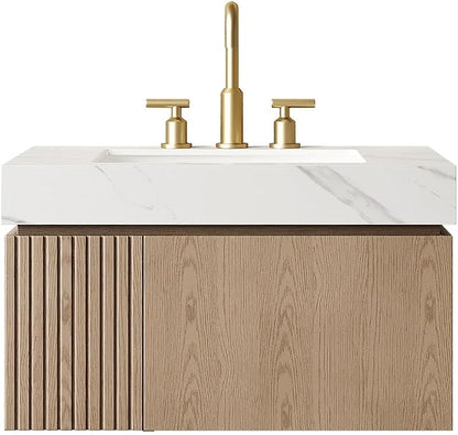 KEIKI 30 Inch Floating Bathroom Vanity with Sink, Light Brown & White | Modern Wall Mounted Storage Cabinet w/ Drawer & Door, Pre-assembled Wood Panels, Sintered Stone Top & Ceramic Basin Combo Set