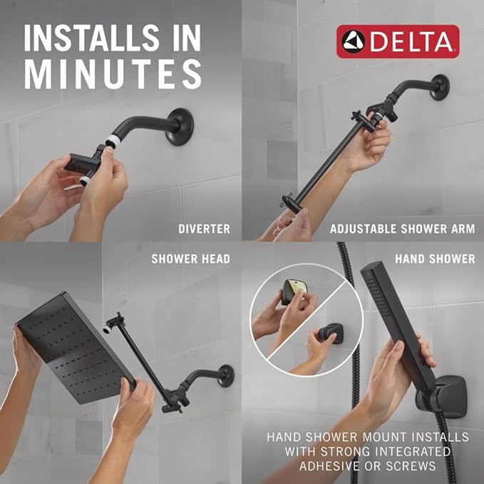 Delta 75527 Universal Showering 1.75 GPM Single Function Modern Rain Shower Head and Hand Shower Combo with Adjustable Extension Arm and Touch-Clean Nozzles - Matte Black