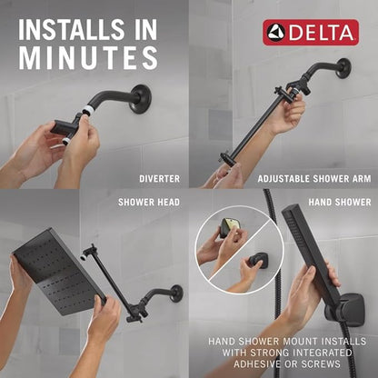 Delta 75527 Universal Showering 1.75 GPM Single Function Modern Rain Shower Head and Hand Shower Combo with Adjustable Extension Arm and Touch-Clean Nozzles - Matte Black