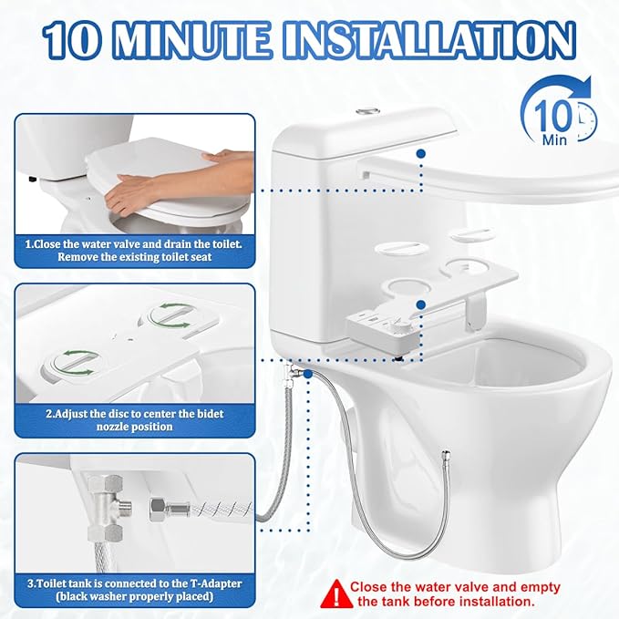 Bidet Attachment for Toilet,Non Electric Ultra-Slim Cold Water Bidet Toilet Seat Attachment,Adjustable Water Pressure,Self-cleaning Dual Nozzle (Frontal & Rear Wash),Easy to Install,White