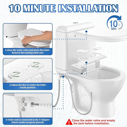 Bidet Attachment for Toilet,Non Electric Ultra-Slim Cold Water Bidet Toilet Seat Attachment,Adjustable Water Pressure,Self-cleaning Dual Nozzle (Frontal & Rear Wash),Easy to Install,White