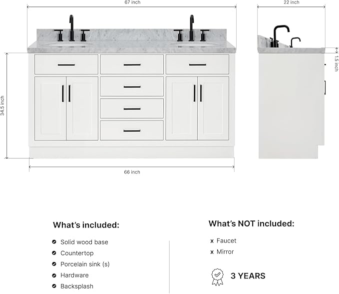 ARIEL Hepburn 66-inch Bathroom Vanity with Sink,Solid Wood, 1.5-inch Italian Carrara Marble Countertop & Backsplash, Double Oval Porcelain Sink, 4 Soft Closing Doors, 6 Dovetail Drawers, White