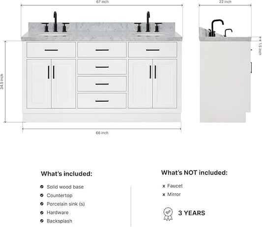 ARIEL Hepburn 66-inch Bathroom Vanity with Sink,Solid Wood, 1.5-inch Italian Carrara Marble Countertop & Backsplash, Double Oval Porcelain Sink, 4 Soft Closing Doors, 6 Dovetail Drawers, White