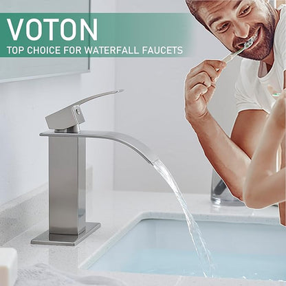 VOTON Bathroom Faucets Brushed Nickel Waterfall Bathroom Sink Faucet Modern Single Handle Bathroom Faucet for 1 or 3 Holes with Deck Plate