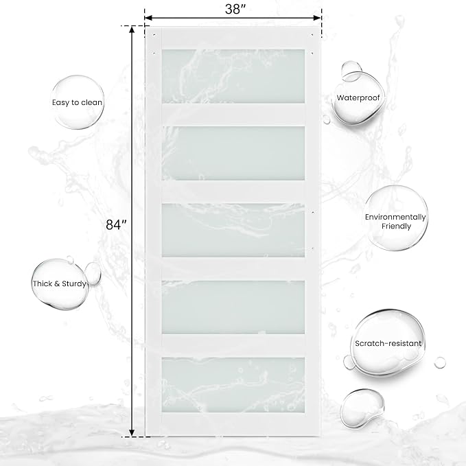 SMARTSTANDARD 38 x 84 in Glass Barn Door with 6.6FT Sliding Hardware Kit | Pre-Drilled Ready to Assemble, Waterproof PVC Coating, White, 5-Panel Glass