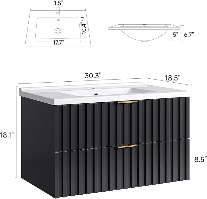 ONBRILL 30 Inch Bathroom Vanity with Sink Combo, Floating Bathroom Vanity with 2 Fluted Drawers & Metal Handle, Modern Wall Mount Storage Cabinet with Ceramic Integrated Sink for Small Space (Black)