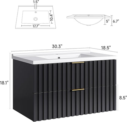 ONBRILL 30 Inch Bathroom Vanity with Sink Combo, Floating Bathroom Vanity with 2 Fluted Drawers & Metal Handle, Modern Wall Mount Storage Cabinet with Ceramic Integrated Sink for Small Space (Black)