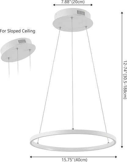 JONATHAN Y 15.75" Matte White Modern Integrated LED Pendant Light, Dimmable Round Hoop Chandelier for Kitchen Island, Dining Room, Adjustable Height Metal Hanging Light (JYL7202I)