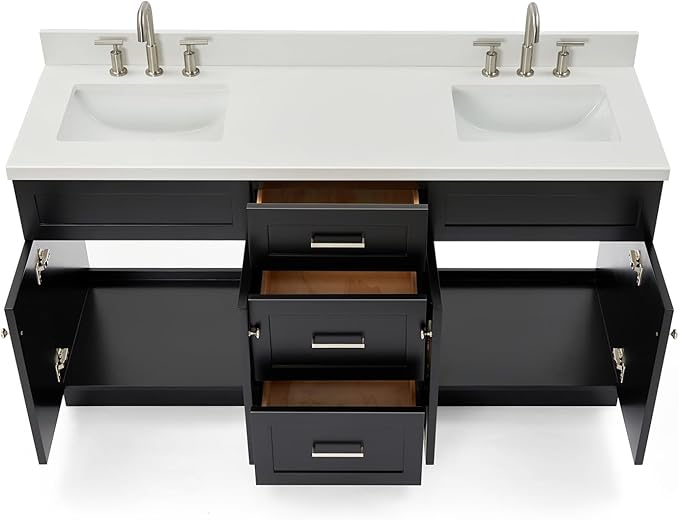 ARIEL Hamlet 66-inch Bathroom Vanity with Sink,Solid Wood, 1.5-inch Pure White Quartz Countertop & Backsplash, Double Rectangular Porcelain Sink, 4 Soft Closing Doors, 3 Dovetail Drawers, Black