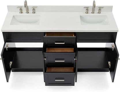 ARIEL Hamlet 66-inch Bathroom Vanity with Sink,Solid Wood, 1.5-inch Pure White Quartz Countertop & Backsplash, Double Rectangular Porcelain Sink, 4 Soft Closing Doors, 3 Dovetail Drawers, Black