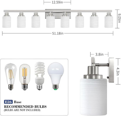 8-Light Bathroom Light Fixtures, 52inch Nickel Vanity Light with Milky White Glass Shade, Modern Bathroom Wall Lights Over Mirror, Farmhouse Wall Sconces Lighting for Bedroom Living Room
