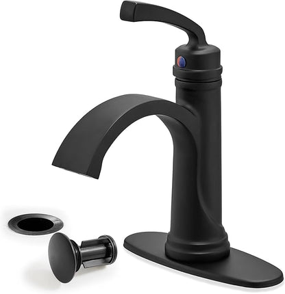 Black Waterfall Bathroom Faucet 1 Hole, Brass Bathroom Sink Faucets 4 Inch 3 Hole Single Handle with Pop-up Drain, Pre-Installed cUPC Water Hose, Deck Plate for Vanity, Farmhouse, Lavatory