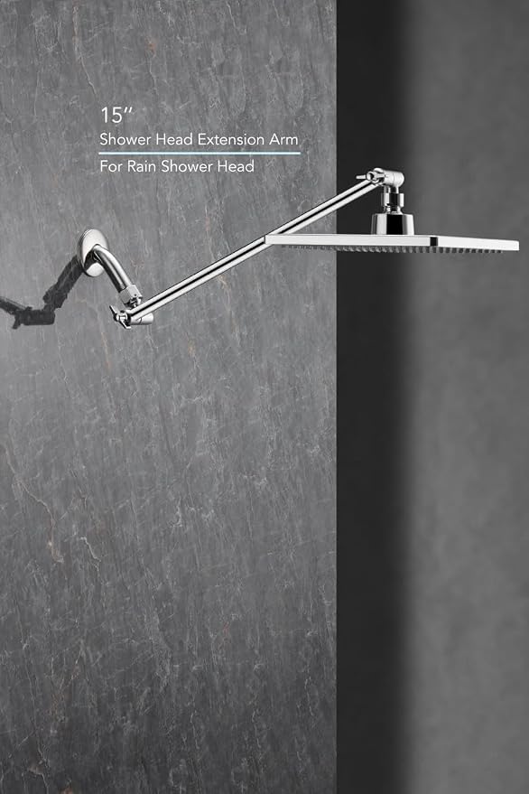 Rain Shower Head, 8'' High Pressure Rainfall Square Showerhead with 15'' Shower Head Extension Arm, 304 Stainless Steel Adjustable Shower Arm Extender, Rainfall Waterfall Fixed Showerheads, Chrome