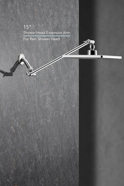 Rain Shower Head, 8'' High Pressure Rainfall Square Showerhead with 15'' Shower Head Extension Arm, 304 Stainless Steel Adjustable Shower Arm Extender, Rainfall Waterfall Fixed Showerheads, Chrome