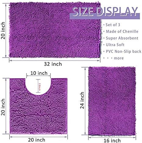RUN HELIX Purple Bathroom Rugs Sets 3 Piece Non Slip Extra Absorbent Shaggy Chenille Bathroom Rugs and Mats Sets, Soft & Dry Bath Rug/Mat Set for Bathoom Mats