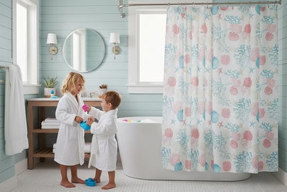 Serafina Home Coastal Fabric Shower Curtain for Bathroom: Coral Blue White Ocean Life Beach Shells Coral Sea Urchins Starfish Scallop Shells, 70" x 72" Inches, with 12 Rollerball Hooks