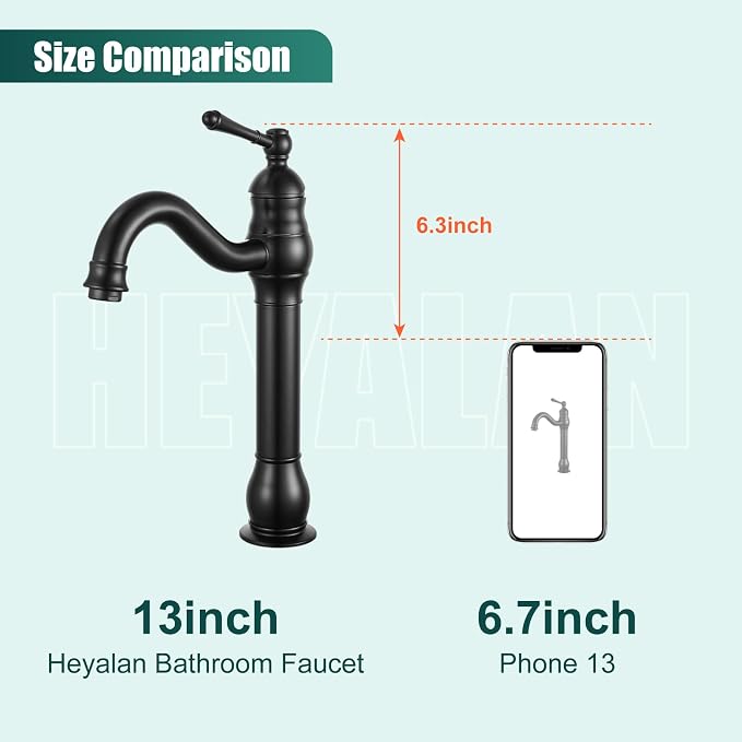Heyalan Tall Vessel Sink Faucet, Single Handle 1-Hole,Matte Black | SUS304 stainless steel, 360° swivel spout, includes pop-up drain & hoses, deck mount 1-hole, tall design for vessel sink