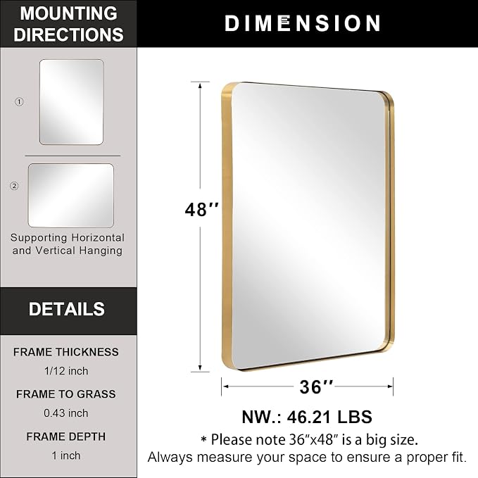 36”x48”Gold Bathroom Mirror for Wall, Brushed Brass Metal Rounded Corner Rectangle Mirror, Wall Mirror in Stainless Steel Metal Frame, 1”Deep Set Design Hangs Horizontal Or Vertical