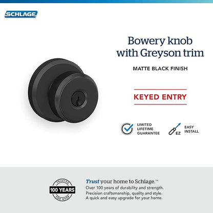 Schlage F51A BWE 622 GSN Bowery Door Knob with Greyson Trim, Keyed Entry Lock, Matte Black