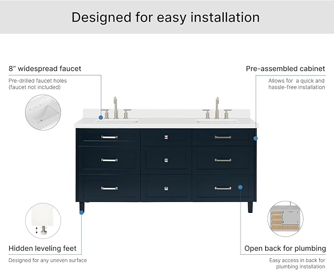 ARIEL Monroe 72-inch Bathroom Vanity with Sink,Solid Wood, 1.5-inch Pure White Quartz Countertop & Backsplash, Double Oval Porcelain Sink, 9 Dovetail Drawers, Brushed Nickel, Midnight Blue