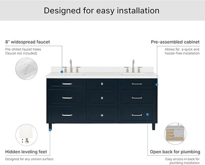 ARIEL Monroe 72-inch Bathroom Vanity with Sink,Solid Wood, 1.5-inch Pure White Quartz Countertop & Backsplash, Double Oval Porcelain Sink, 9 Dovetail Drawers, Brushed Nickel, Midnight Blue