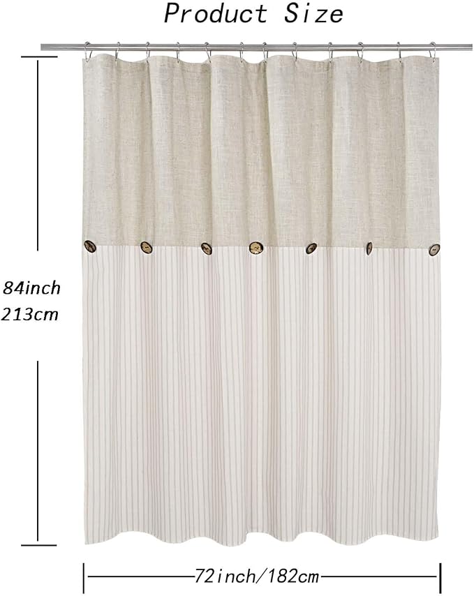 DOSLY Ides Farmhouse Shower Curtain, Beige and Beige Stripe, Button Curtain, Linen and Cotton Blend Fabric, Rustic Charm Country Chic Style, 72x84 in