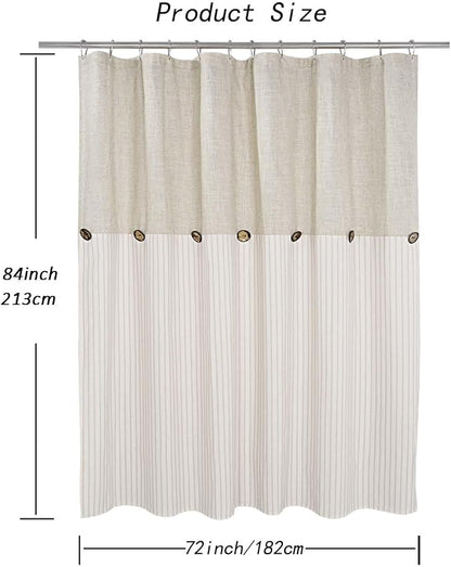 DOSLY Ides Farmhouse Shower Curtain, Beige and Beige Stripe, Button Curtain, Linen and Cotton Blend Fabric, Rustic Charm Country Chic Style, 72x84 in
