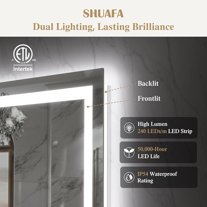 60X36 Inch Frontlit+ Backlit LED Bathroom Mirror with Lights | Bathroom Vanity Mirror for Wall, Ultra-Clear Tempered Glass, Shatter-Proof, Anti-Fog and Memory Function, ETL Listed