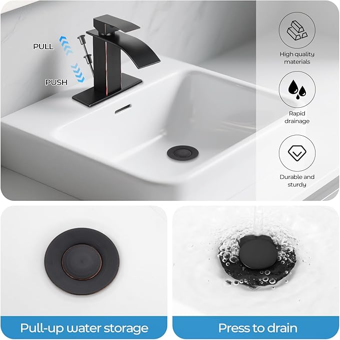 ORB Bathroom Faucet with Lift Rod Drain, Waterfall Bathroom Sink Faucet Modern Single Handle Bathroom Faucte 1 or 3 Hole, RV Mixer Tap Vanity Faucet Washbasin Faucet with Deck