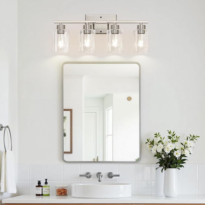 4-Light Brushed Nickel Bathroom Vanity Light with Clear Glass Shades