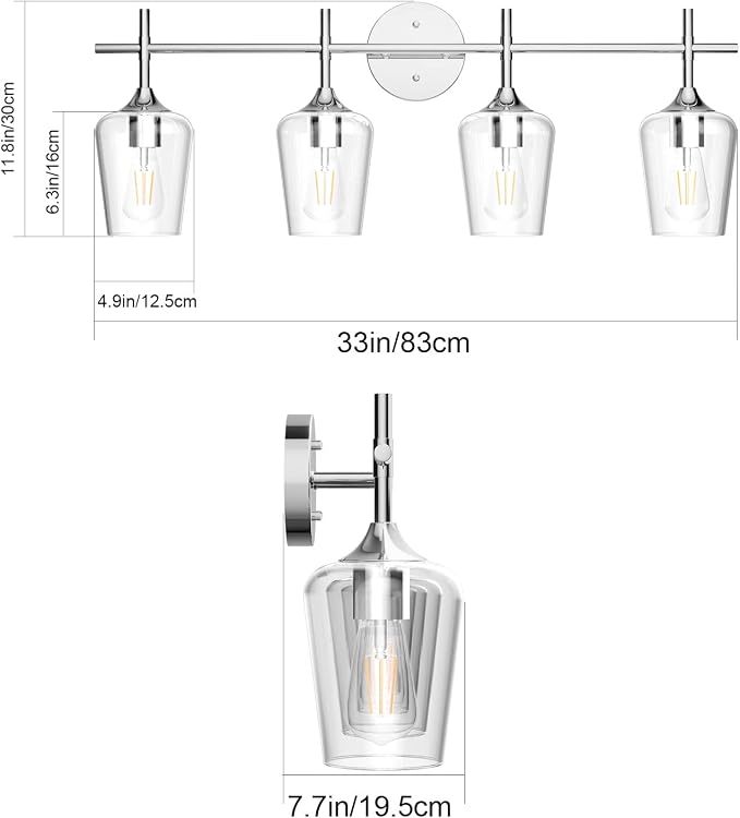 Ralbay Chrome Bathroom Vanity Light - 4 Light Industrial Farmhouse Style, Clear Glass, Over Mirror