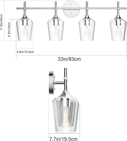 Ralbay Chrome Bathroom Vanity Light - 4 Light Industrial Farmhouse Style, Clear Glass, Over Mirror