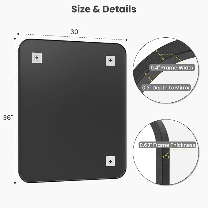 30x36 Inch Matte Black Rounded Rectangle Bathroom Vanity Mirror | For Over-Sink Bathrooms, Powder-Coated Iron Frame, Layered Shadow Box Look, Two-Way Mount, Protective Packaging