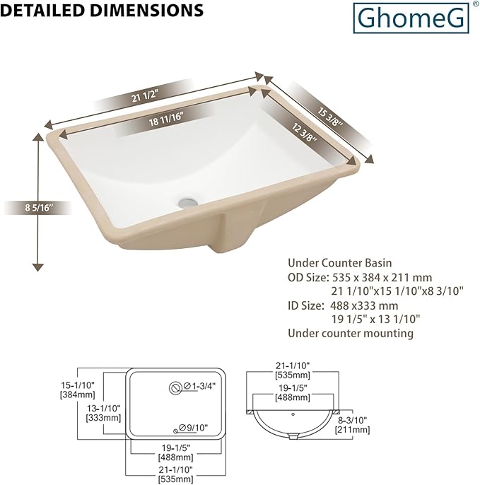 Undermount Bathroom Sink Rectangle 21x15 Inch White Rectangular Porcelain Ceramic Vessel Sink with Overflow Under Counter Lavatory Vanity