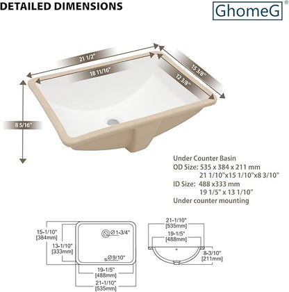 Undermount Bathroom Sink Rectangle 21x15 Inch White Rectangular Porcelain Ceramic Vessel Sink with Overflow Under Counter Lavatory Vanity