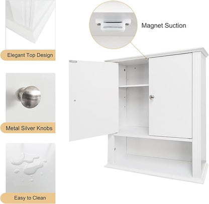 White Bathroom Wall Cabinet, Over the Toilet Storage Cabinet, Bathroom Cabinet Wall Mount, 2 Doors & Hooks, Medicine Cabinet Organizer, Hanging Wall Cabinet Cupboard for Kitchen Laundry Room White