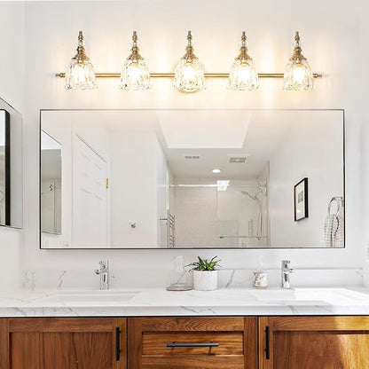 Brushed Antigue Brass Bathroom Light Fixtures, 5 Lights Vanity Light with Flower Glass Shade, Bathroom Vanity Light Over Mirror, Vintage Sconces Wall Lighting for Hallway Livingroom Bedroom