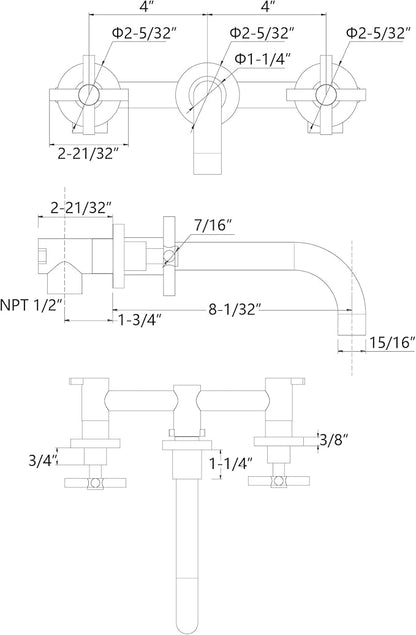 sumerain Wall Mount Bathroom Faucet,Cross 2-Handle in Modern Chrome Finish,Rough-in Valve Included